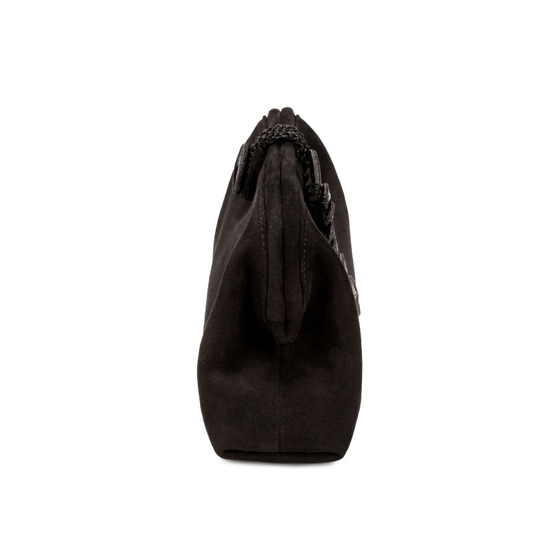 Alessa Black Pouch Bag showcasing its unique knotted design and luxurious leather material.