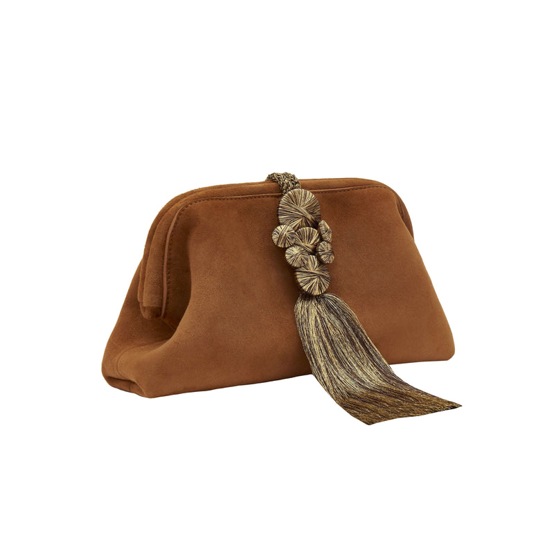 Alessa Camello Pouch Bag made of Italian suede leather with intricate thread-wrapped ring design and tassel detail.