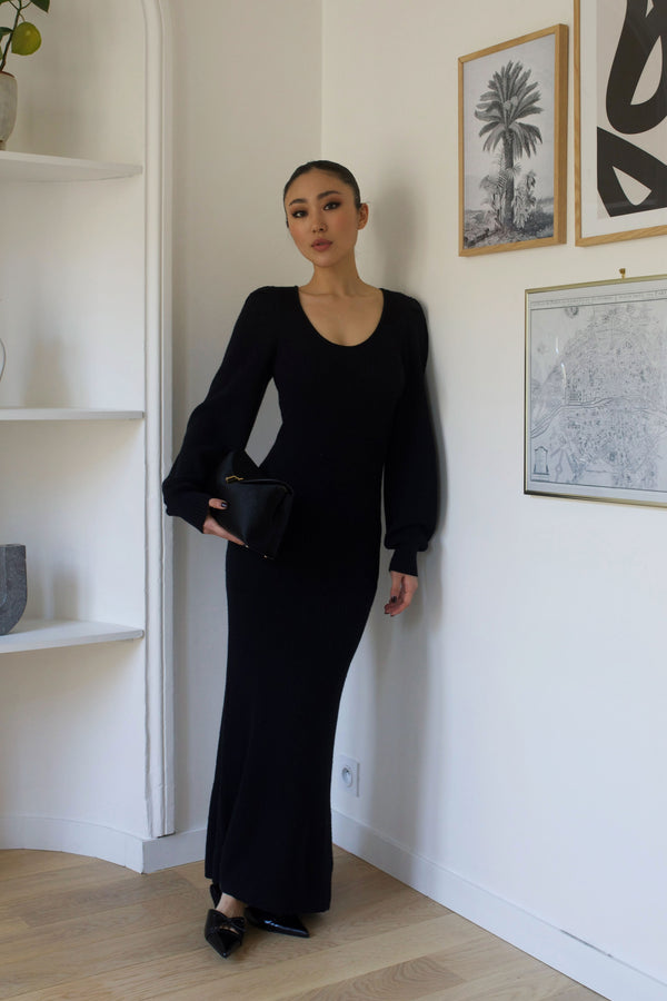 Robe Knitted Scoop Neck Puff Sleeve - Noir