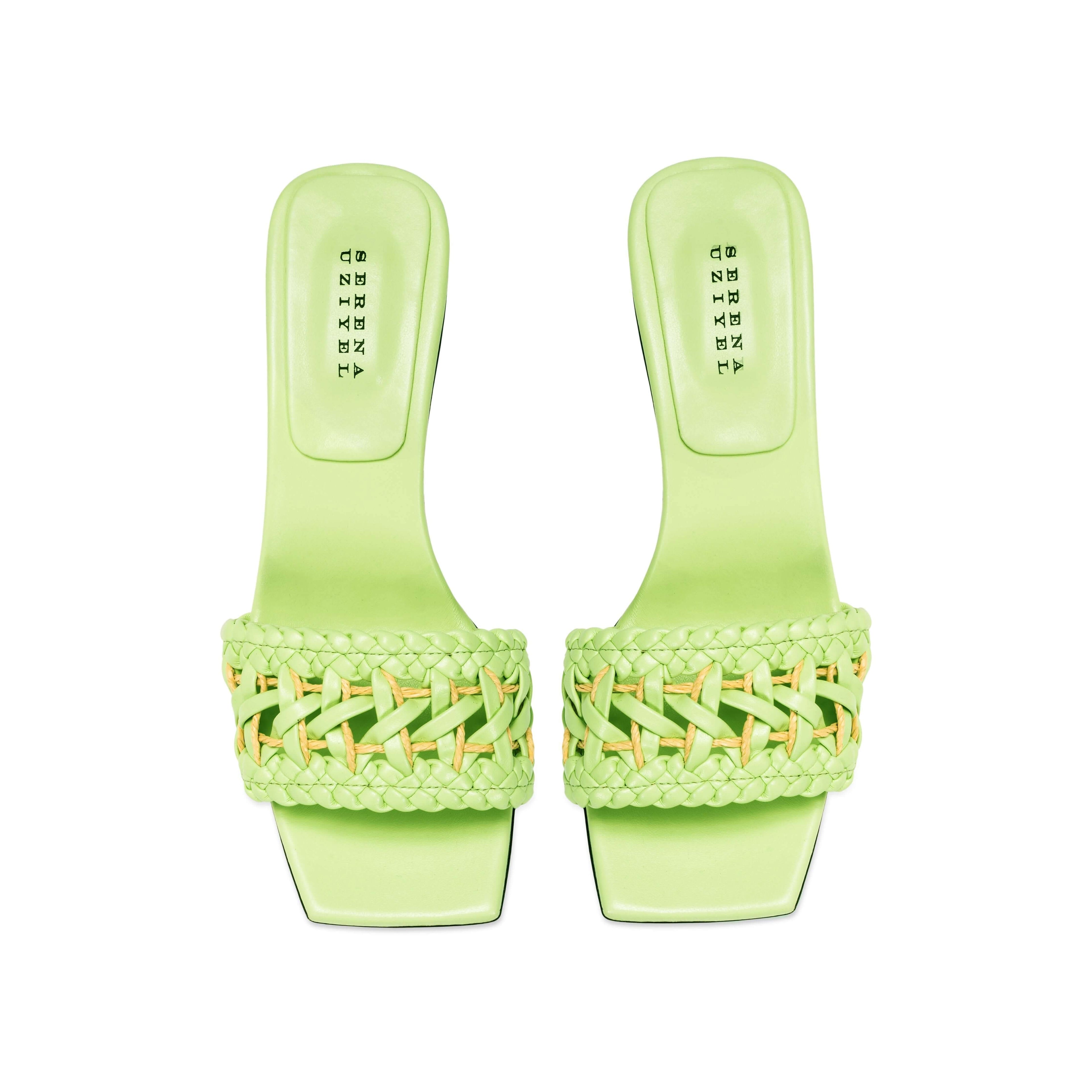 Almeria Avocado Mid-Heel Sandal showcasing a sleek design with a braided strap in soft avocado leather.