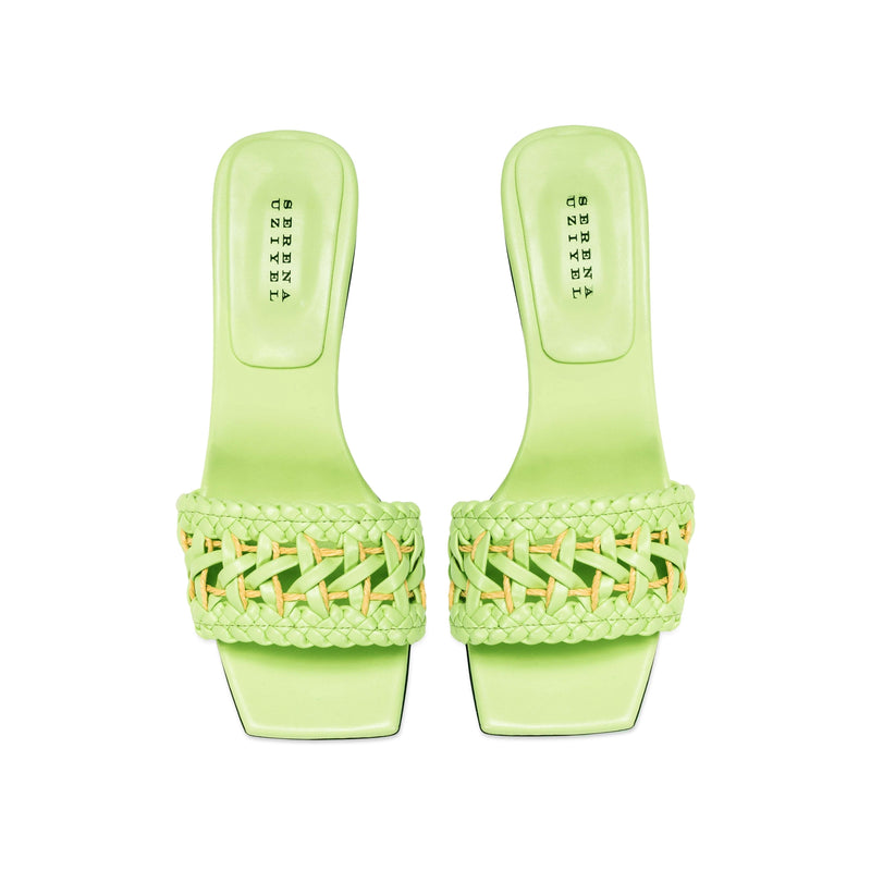 Almeria Avocado Mid-Heel Sandal showcasing a sleek design with a braided strap in soft avocado leather.