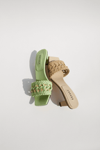 Almeria avocado mid-heel sandals showcasing open toe and braided strap design in green and beige leather.