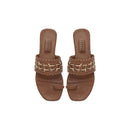Almeria Camello Flat Toe Sandal in leather and raffia, featuring a stylish woven design in natural tones.
