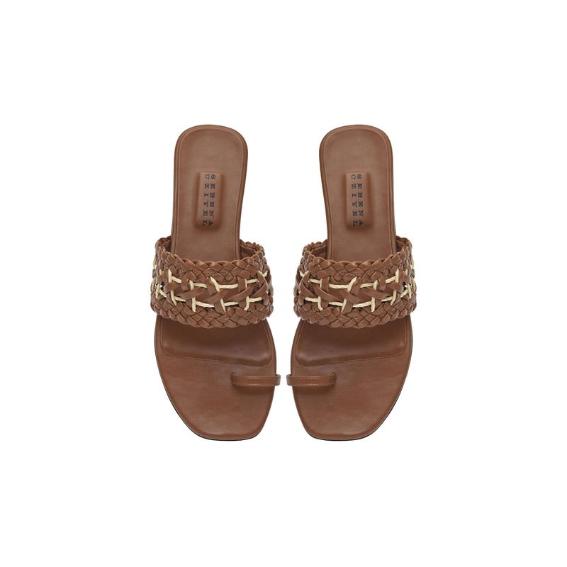 Almeria Camello Flat Toe Sandal in leather and raffia, featuring a stylish woven design in natural tones.
