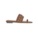 Almeria Camello Flat Toe Sandal made of leather and raffia in brown with woven design, perfect for summer.