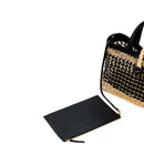 Almeria large shopping bag in black and raffia with detachable wallet, perfect for stylish everyday essentials.