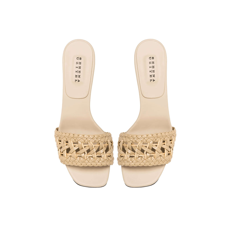 Almeria Nude Block-Heel Sandal featuring a braided strap and open toe design, crafted in Italy for comfort and style.