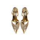 Almeria Sahara high-heel slingback pumps with woven metallic design in gold, perfect for elevating any outfit.