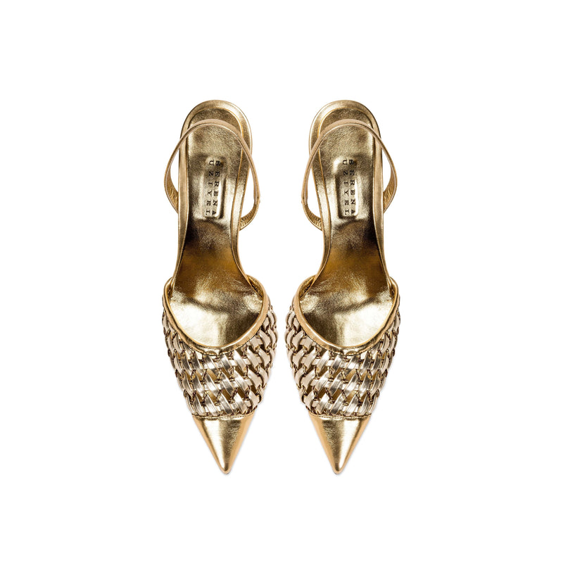 Almeria Sahara high-heel slingback pumps with woven metallic design in gold, perfect for elevating any outfit.