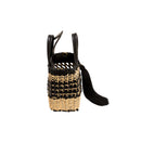 Almeria Black Mini Tote Bag with raffia design and black tassel, featuring stylish leather trim for a luxurious look.