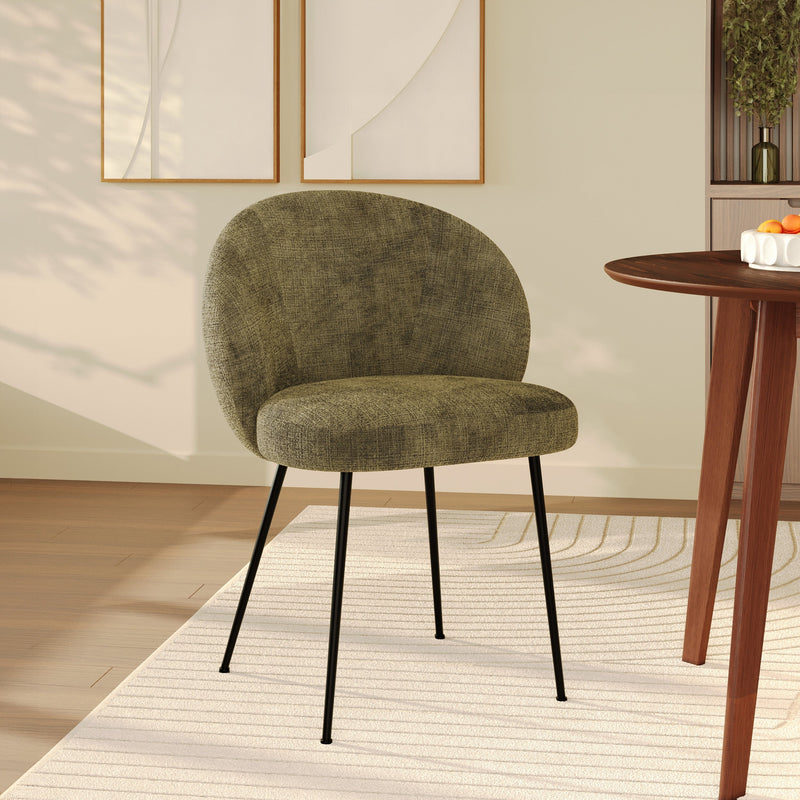 Chaise Bloomy en velours chenillé vert olive foncé et métal noir