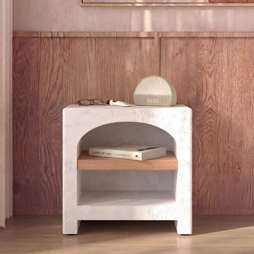 Fira - Table De Chevet En Plâtre Blanc Cassé Et Bois D'Acacia