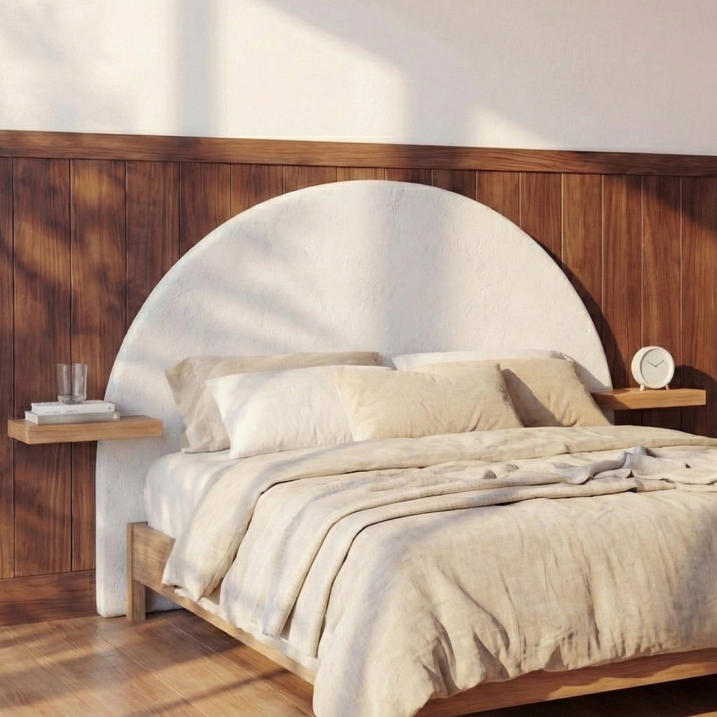 Fira - Tête De Lit En Plâtre Blanc Cassé Et Bois D'Acacia