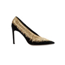 Arinna Black High-Heel Pump with shimmering golden embellishments and a pointed toe, crafted from smooth suede.