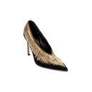 Elegant Arinna Black High-Heel Pump with gold embellishments, crafted in Italy, featuring a pointed toe and 90mm stiletto heel.