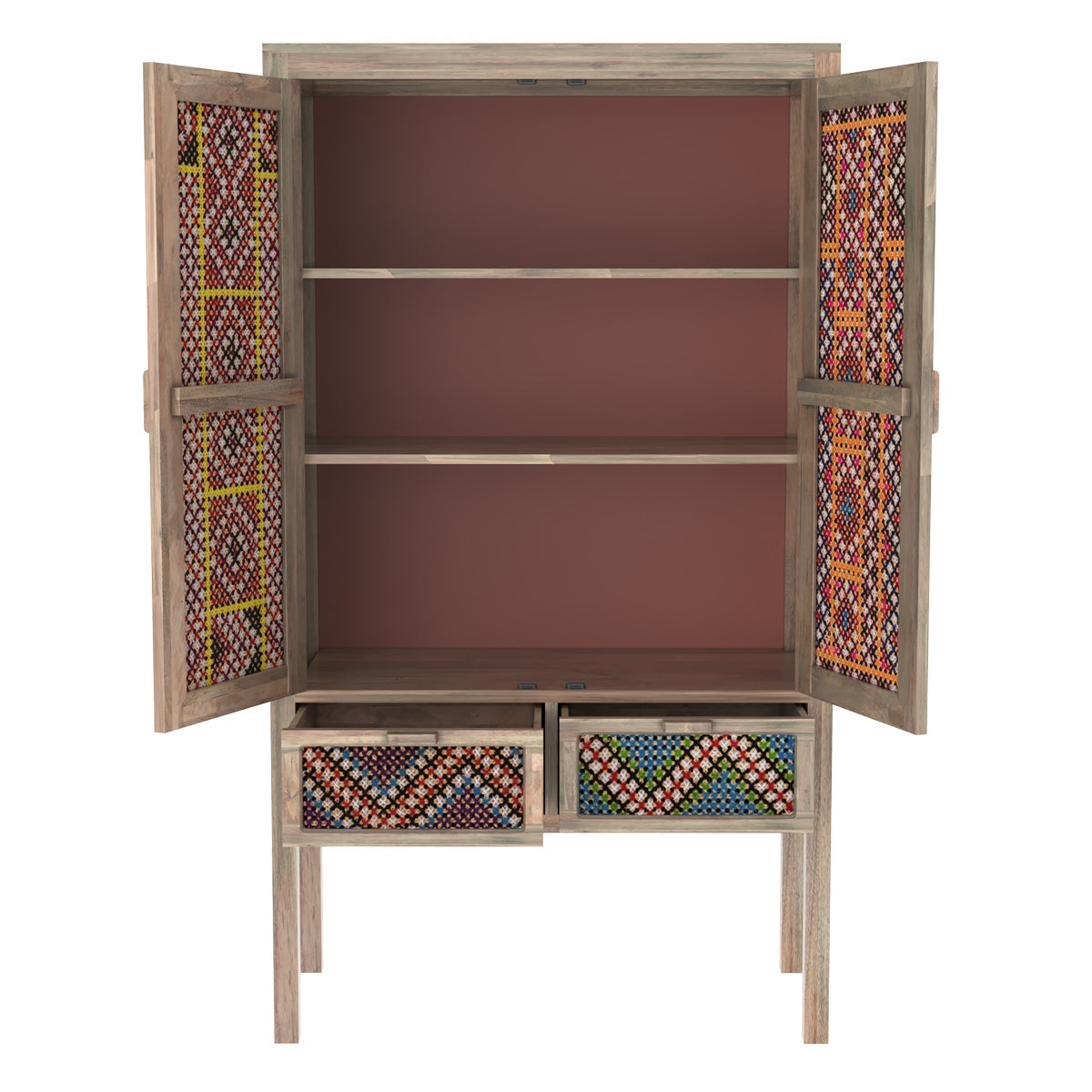 Massaï - 2 Door 2 Drawer Wardrobe In Mango Wood And Colored Canework