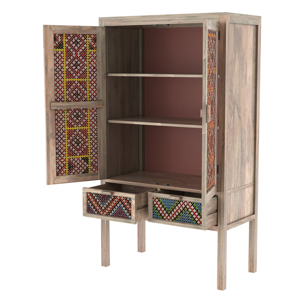 Massaï - 2 Door 2 Drawer Wardrobe In Mango Wood And Colored Canework