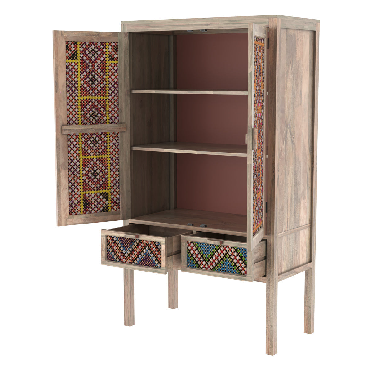 Massaï - 2 Door 2 Drawer Wardrobe In Mango Wood And Colored Canework