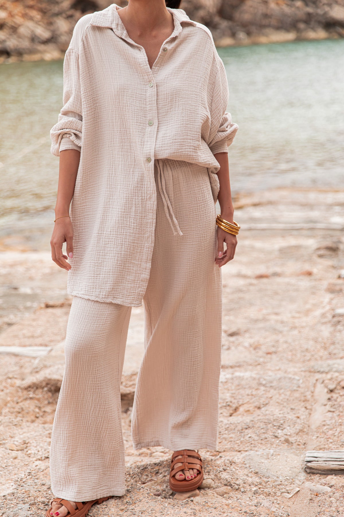 ASIANNA Beige - Pantalon Gaze De Coton
