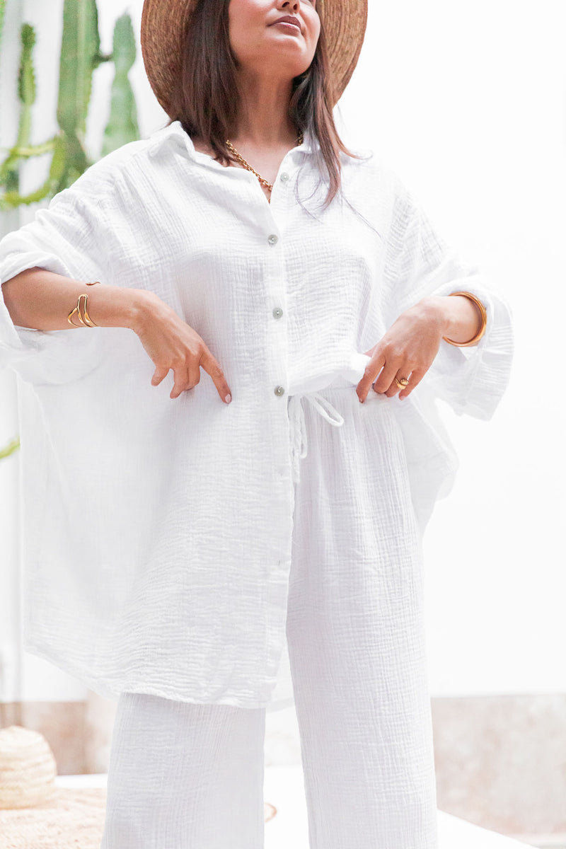 ASIANNA Blanc - Pantalon Gaze De Coton