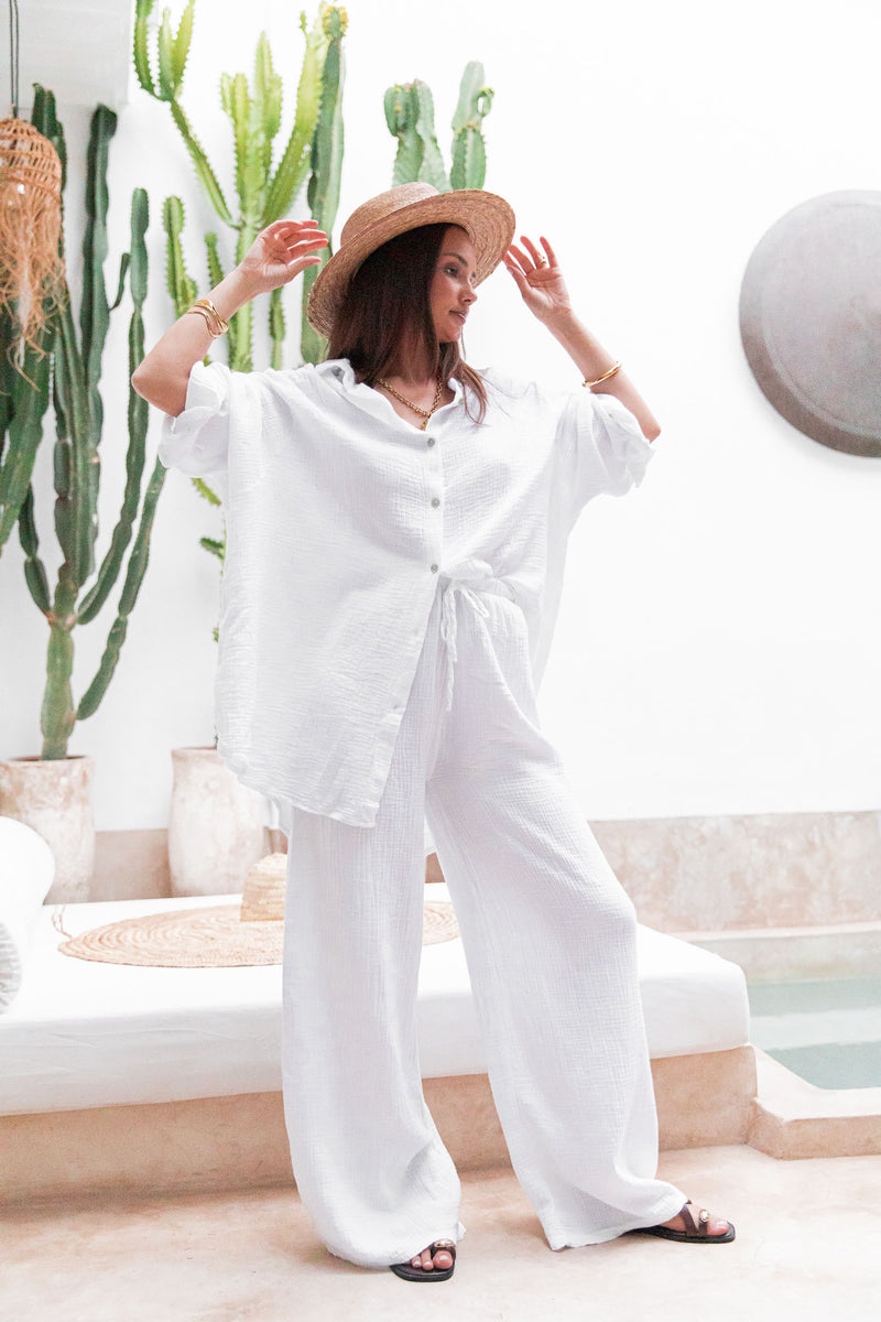ASIANNA Blanc - Pantalon Gaze De Coton