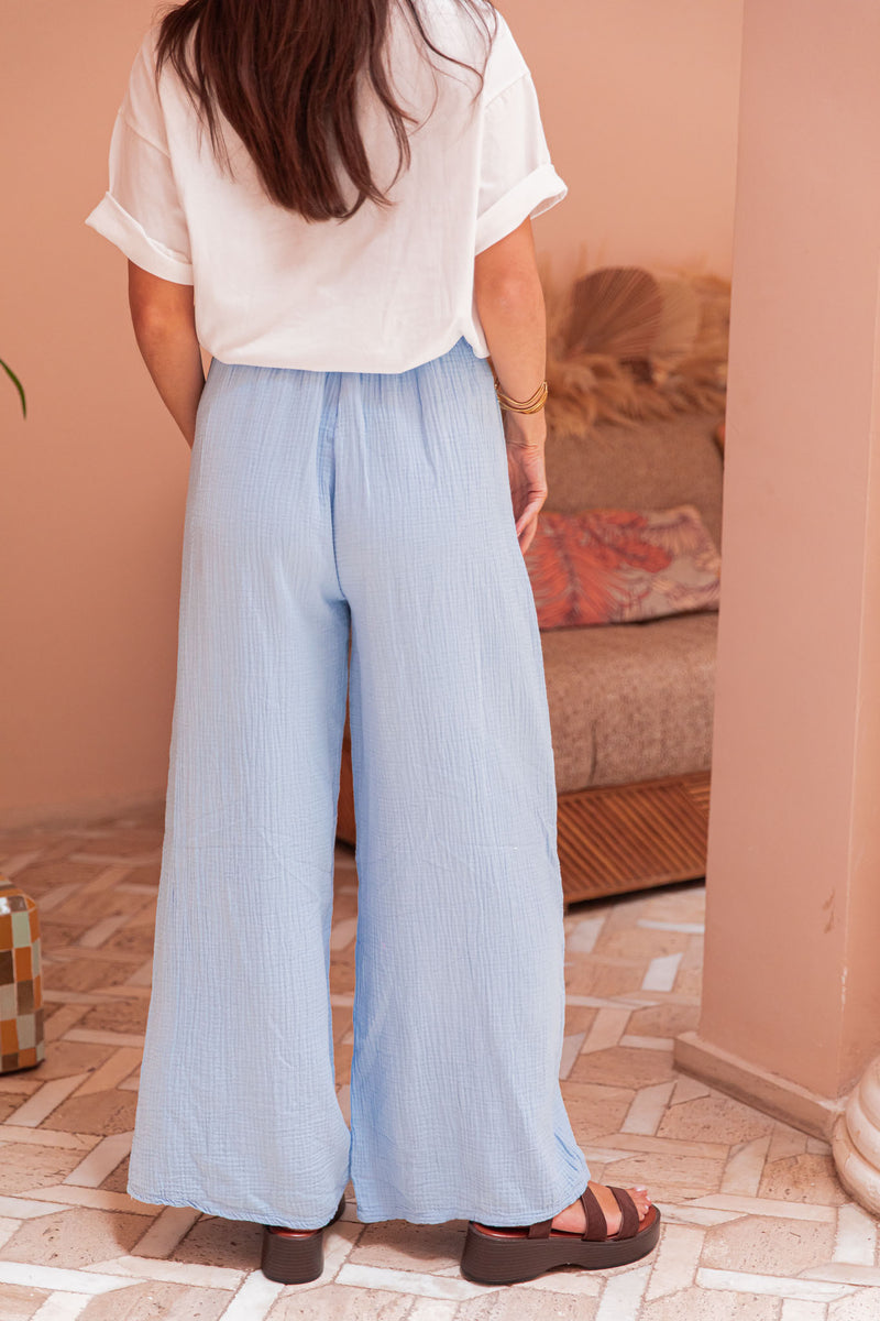 ASIANNA Bleu Ciel - Pantalon Gaze De Coton