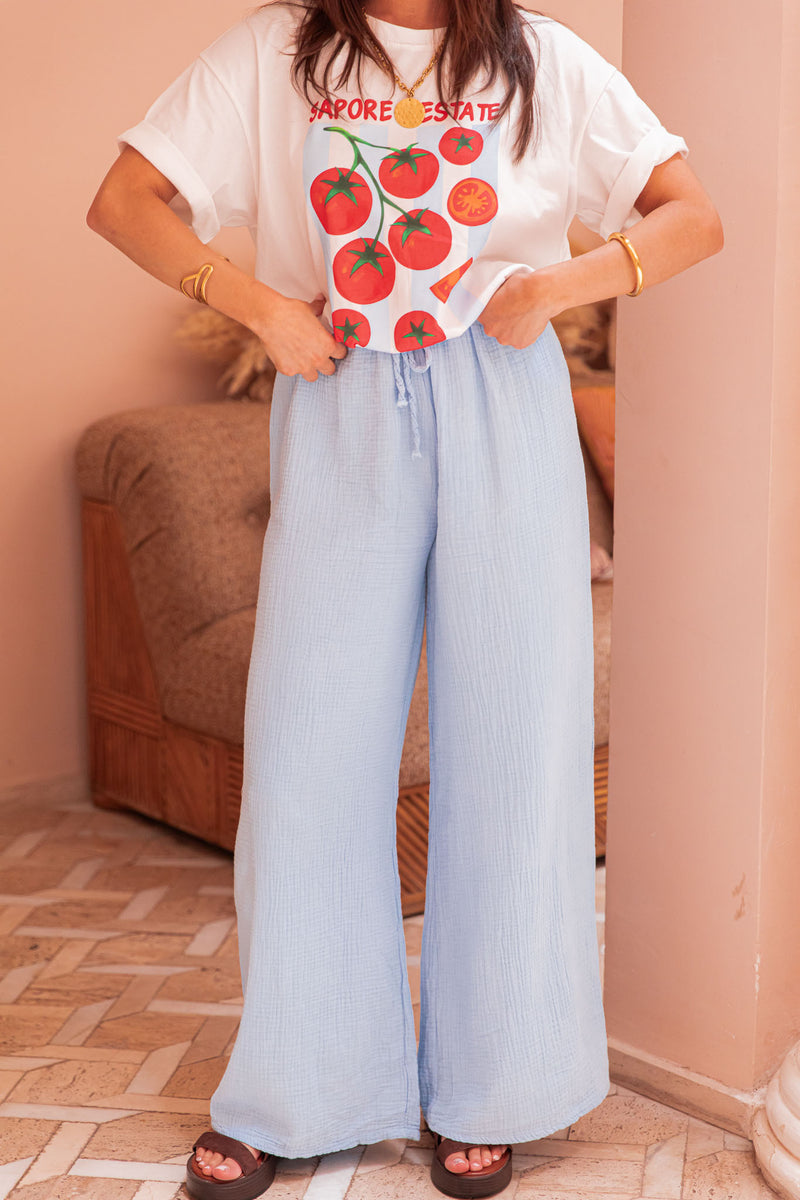 ASIANNA Bleu Ciel - Pantalon Gaze De Coton