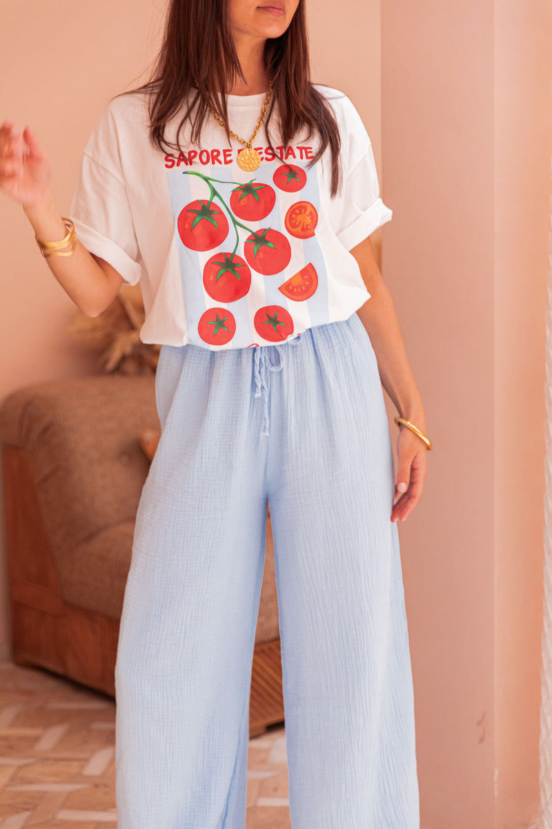 ASIANNA Bleu Ciel - Pantalon Gaze De Coton