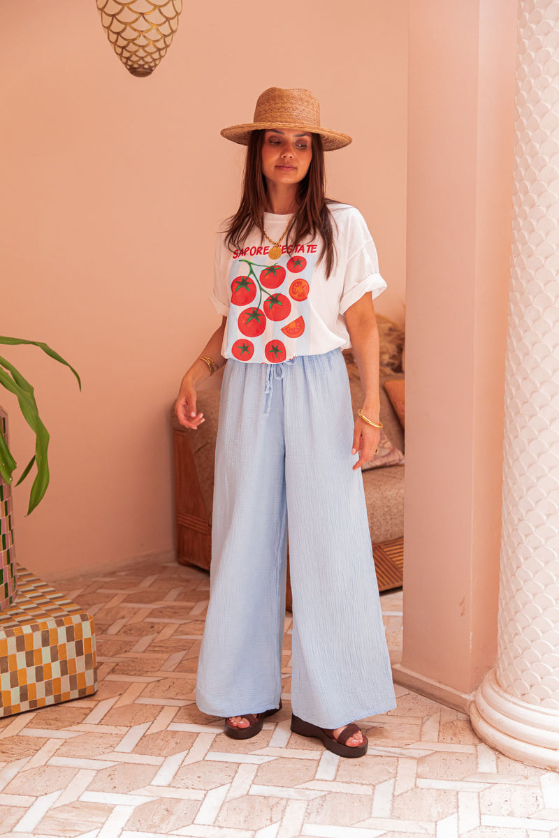 ASIANNA Bleu Ciel - Pantalon Gaze De Coton