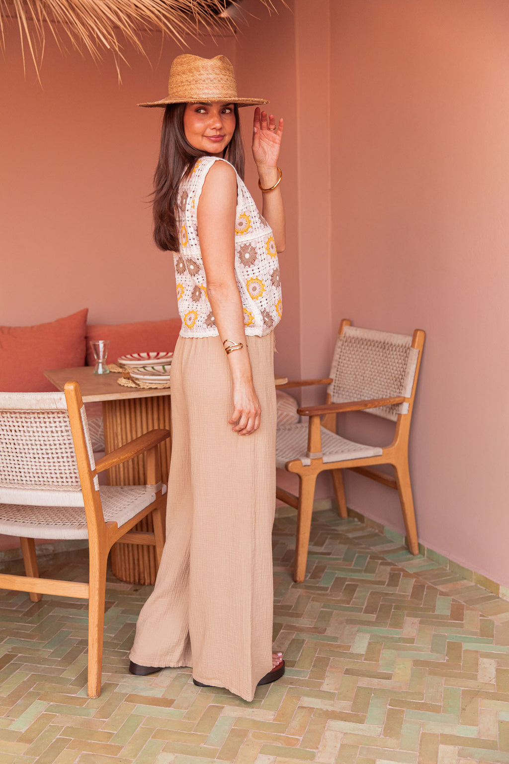 ASIANNA Camel - Pantalon Gaze De Coton