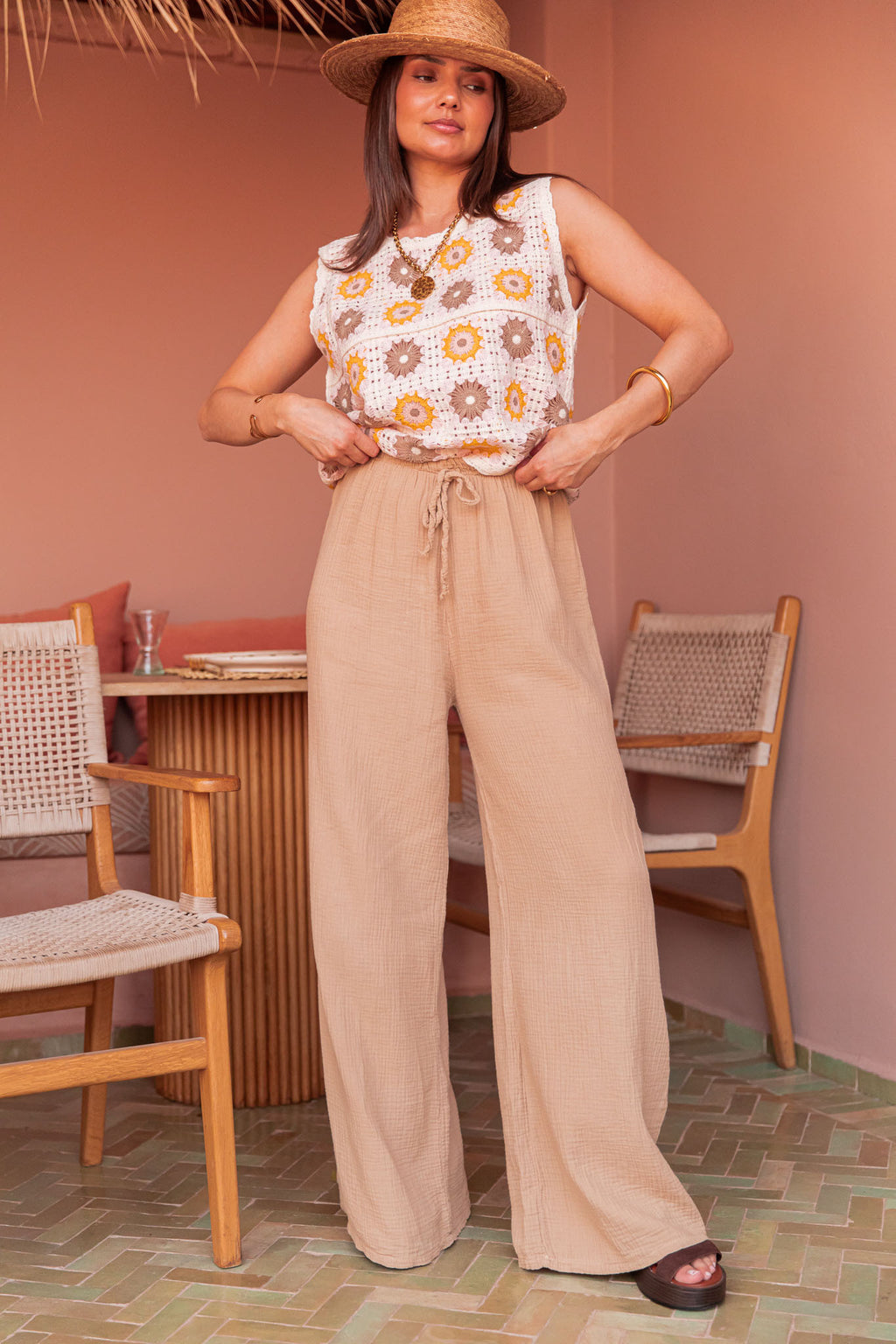 ASIANNA Camel - Pantalon Gaze De Coton