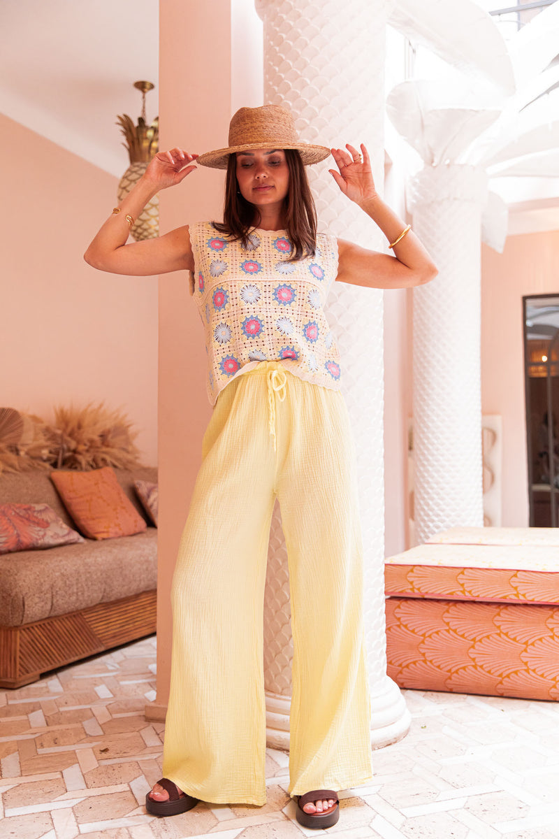 ASIANNA Jaune Pâle - Pantalon Gaze De Coton