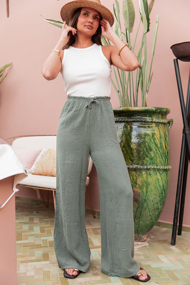 ASIANNA Kaki - Pantalon Gaze De Coton