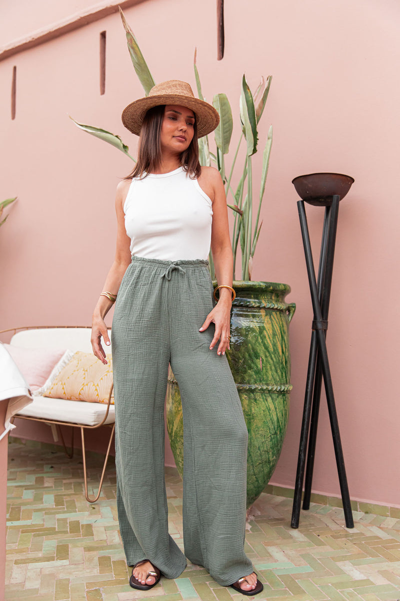 ASIANNA Kaki - Pantalon Gaze De Coton