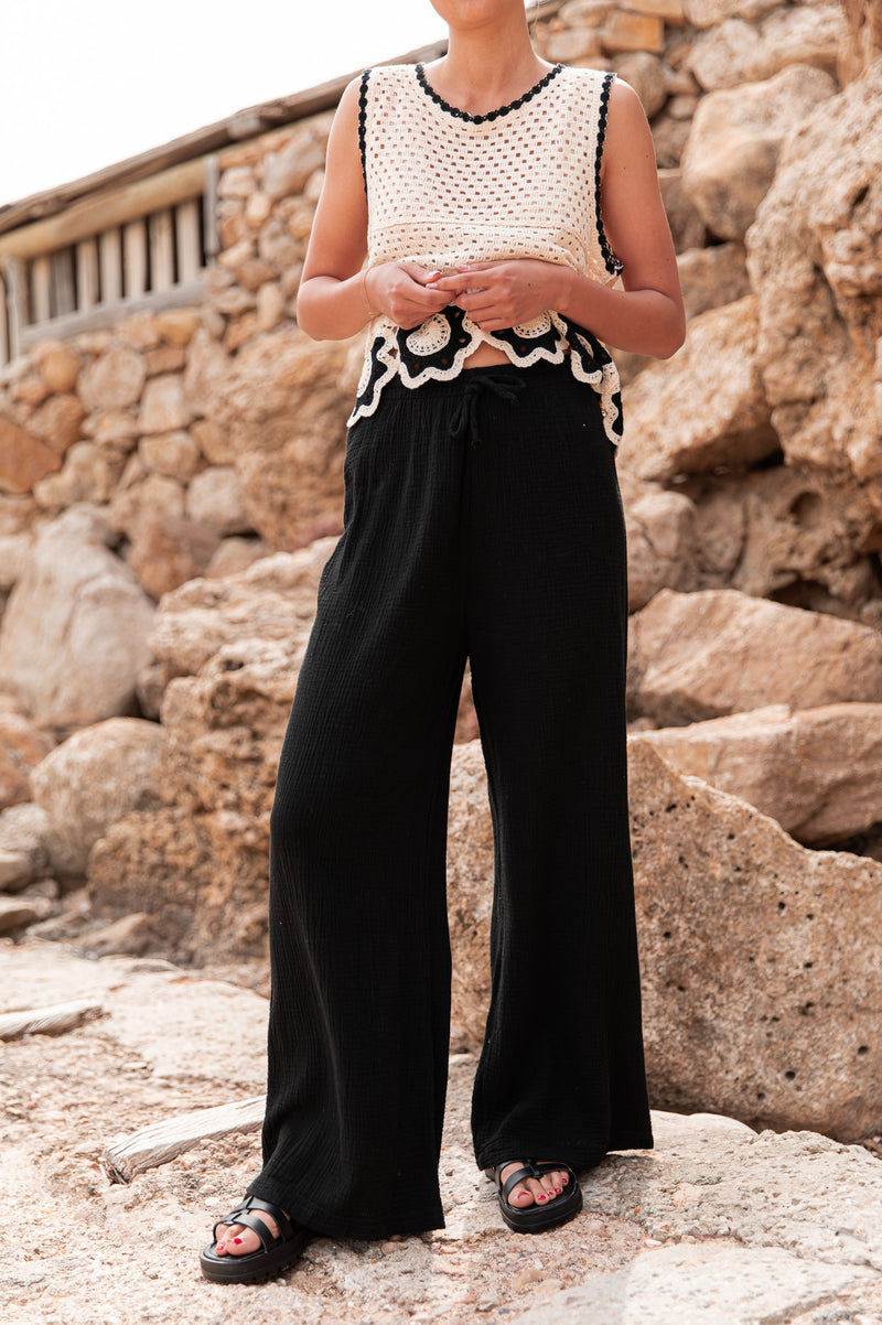 ASIANNA Noir - Pantalon Gaze De Coton