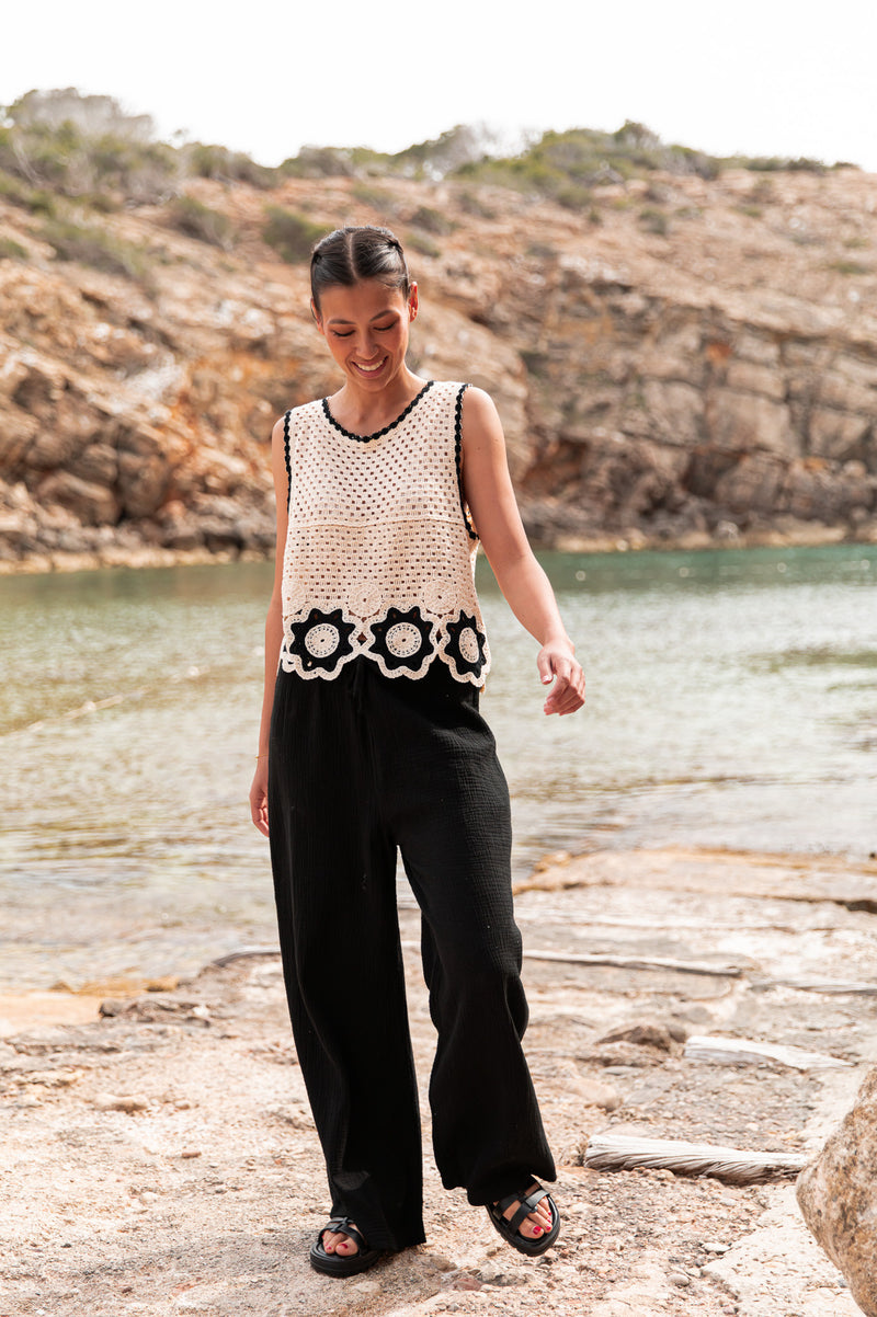 ASIANNA Noir - Pantalon Gaze De Coton