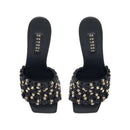 Aurnia Black High-Heel Sandal featuring a stylish woven design with gold accents, perfect for elevating any outfit.