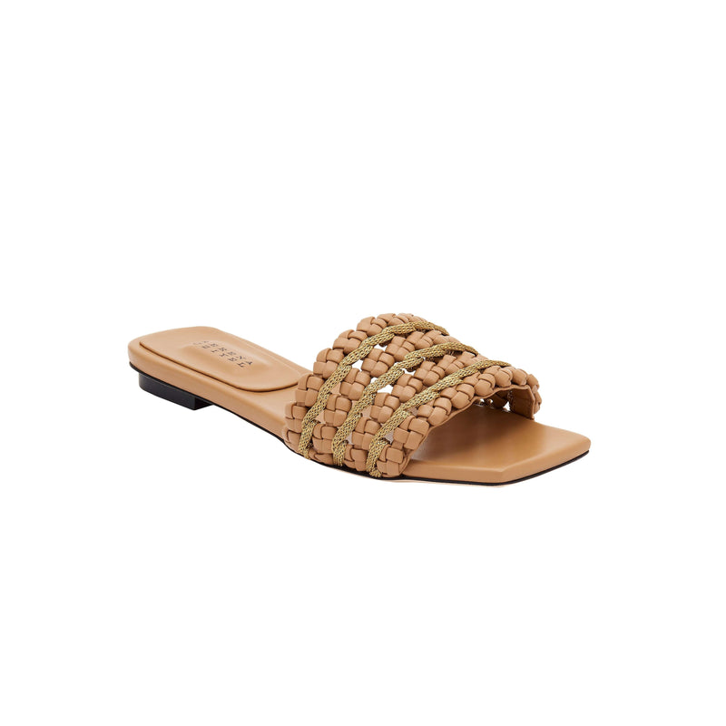 Aurnia Latte flat sandal featuring a stylish woven strap design, perfect for summer outings and casual wear.