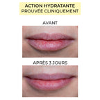 Antes y después de la acción hidratante del labial natural y limpio Pomponne