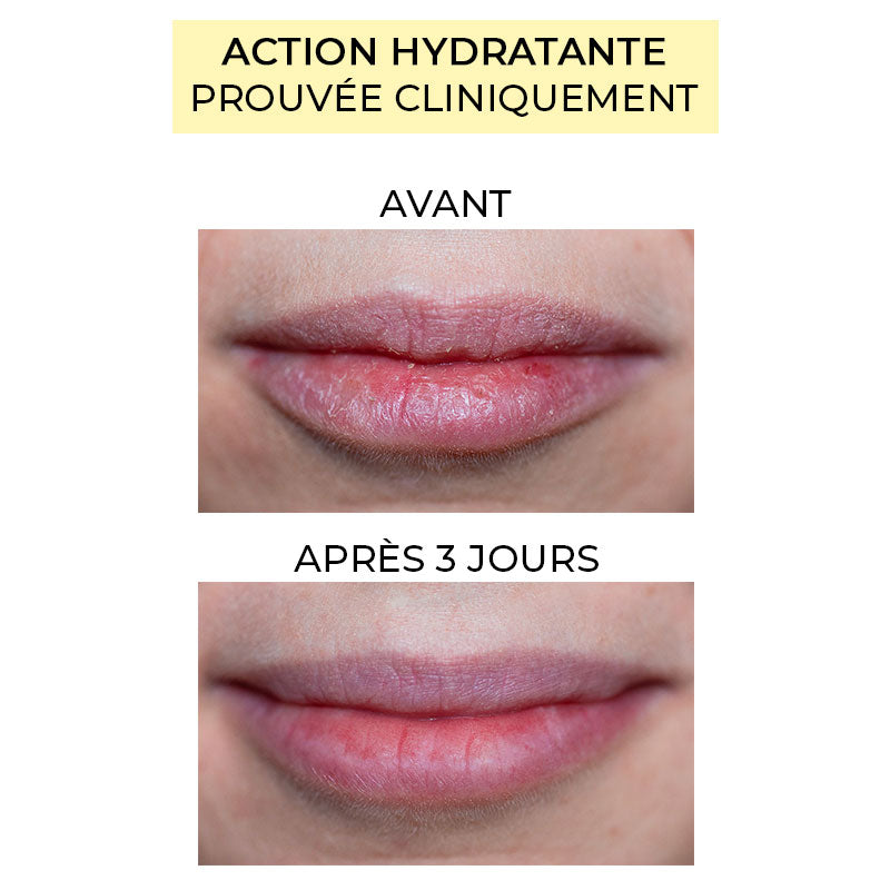 Antes y después de la acción hidratante del labial natural y limpio Pomponne