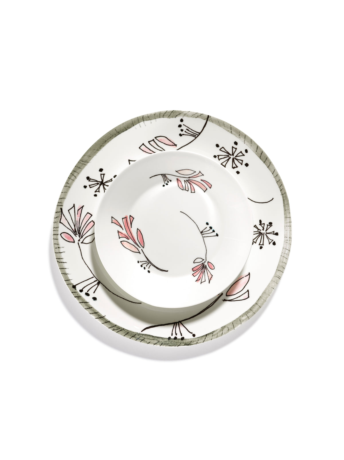 Midnight Flowers - Sæt Med 2 Dybe Tallerkener - S - Benporcelæn - Fiore Rosa