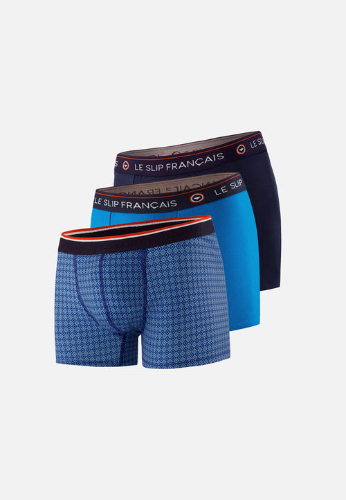 Lot De 3 Boxers En Coton - Trio De Boxer Redoutable Marine Bleu Turquoise Marius Arlequin Denim Délavé