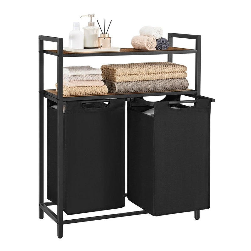 Cubo Para La Ropa Con 2 Compartimentos De 46L Y 2 Estantes - Negro