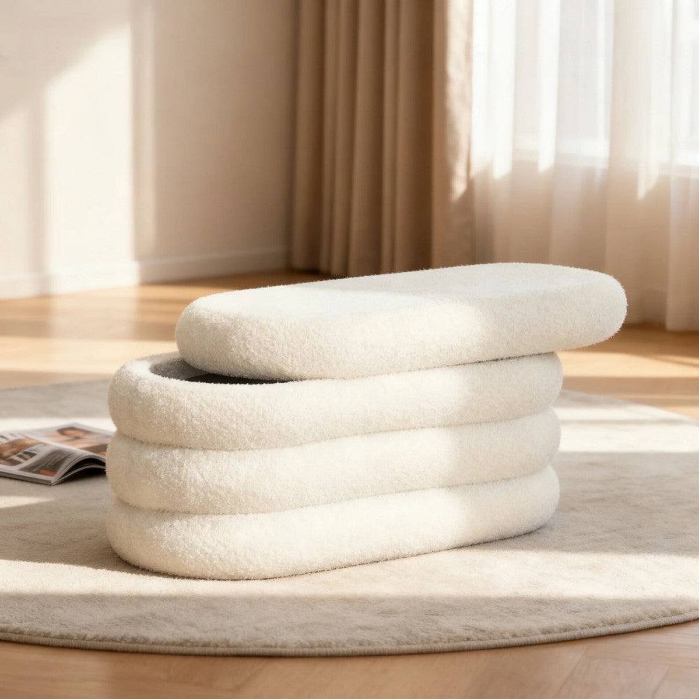 Miro - Storage Bench - Bouclé Fabric - White