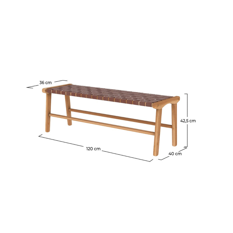 Banc Kuna 120 cm en cuir tressé marron