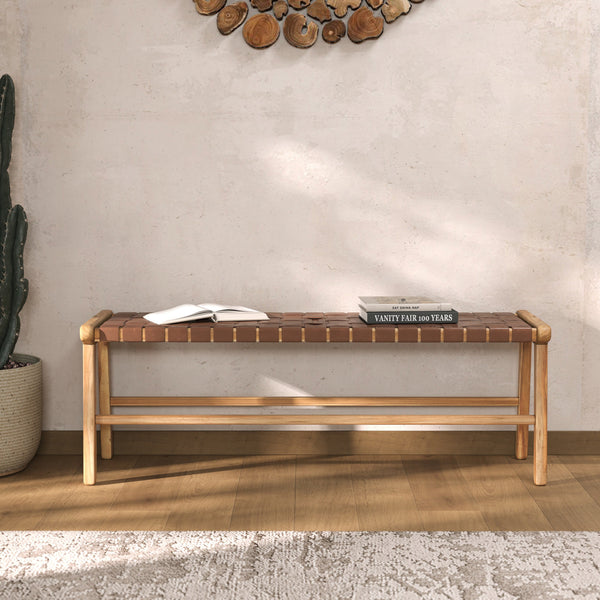 Kuna - Banc En Cuir Tressé Marron Et Bois De Teck