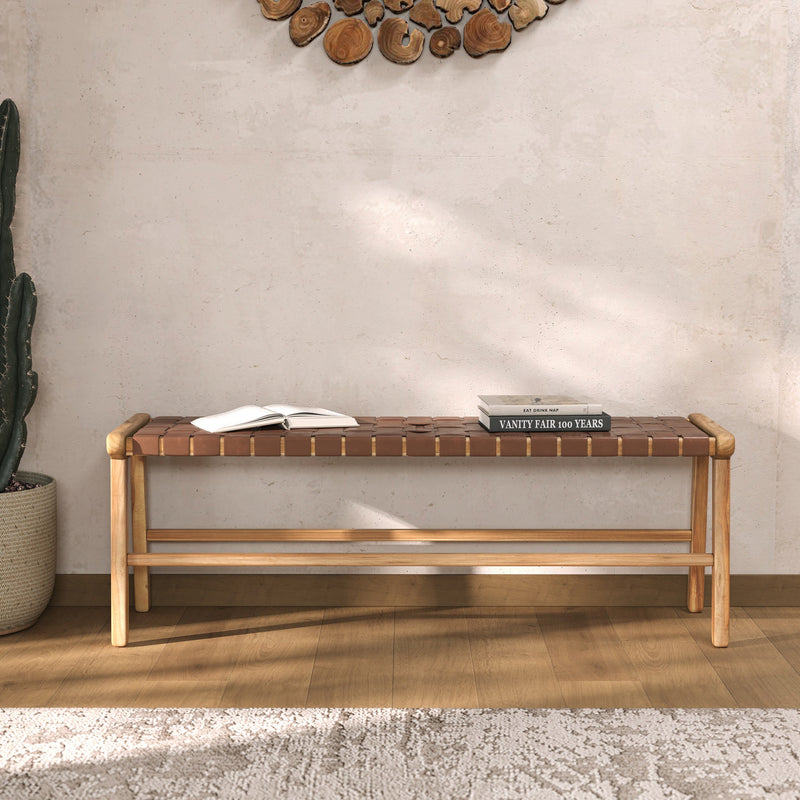 Banc Kuna 120 cm en cuir tressé marron