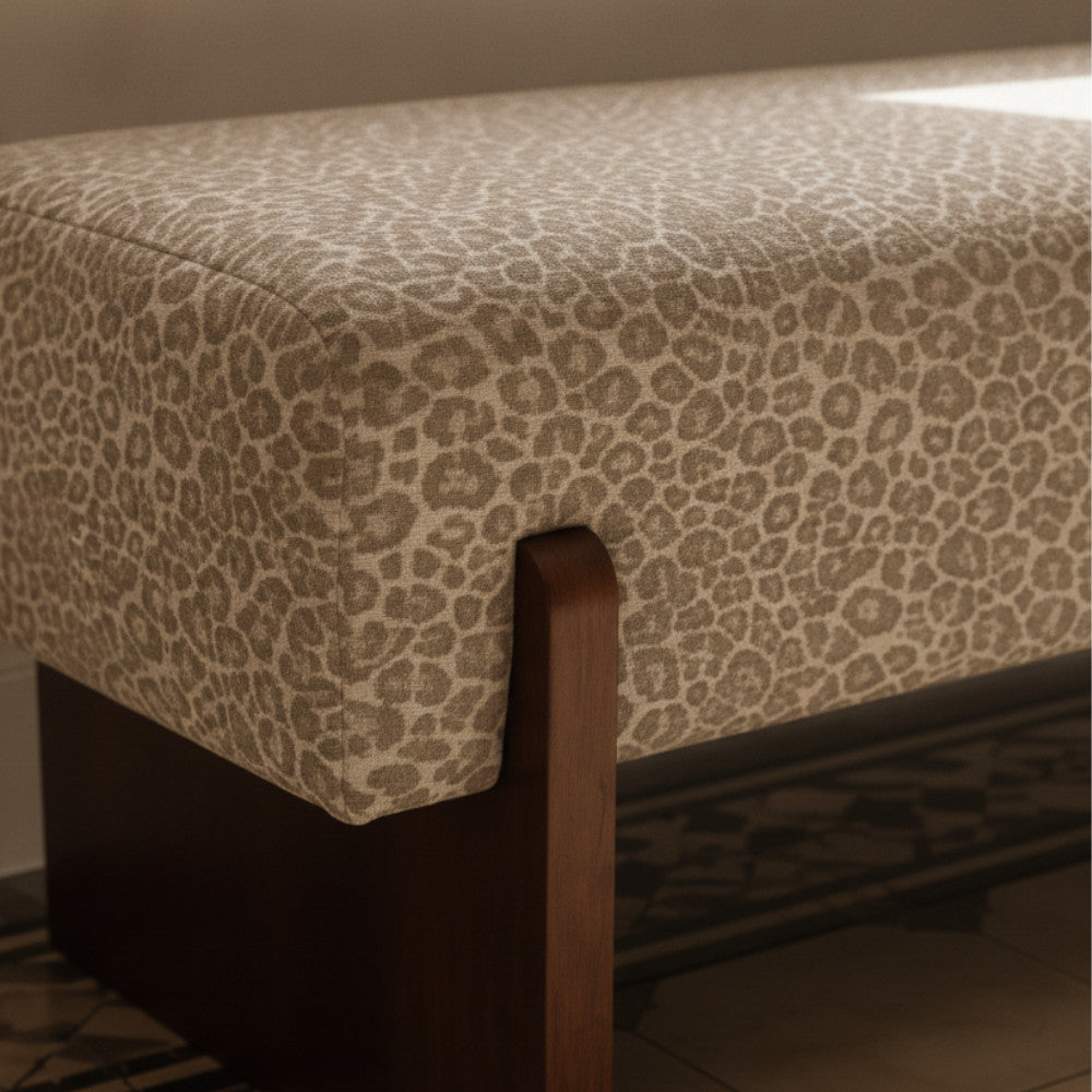 Sally - Bench - Leopard-Print Fabric and Wood - Beige