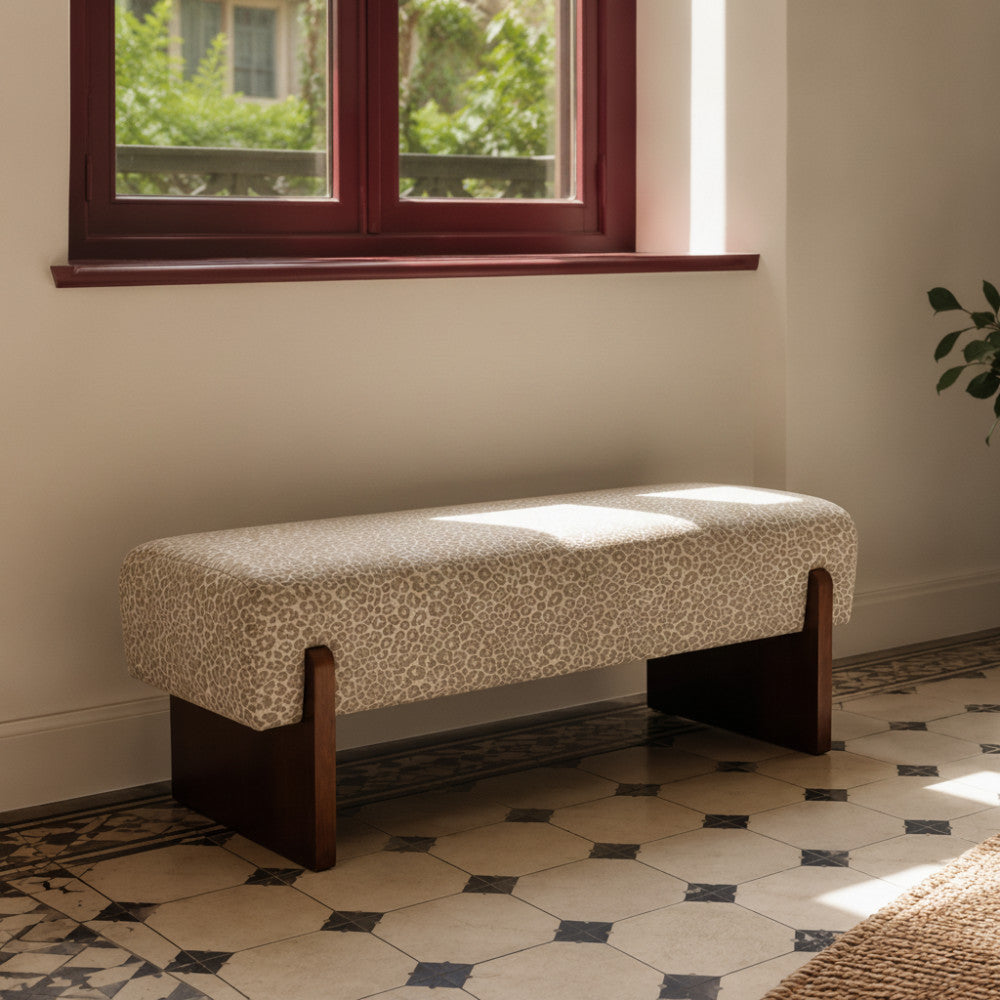 Sally - Bench - Leopard-Print Fabric and Wood - Beige