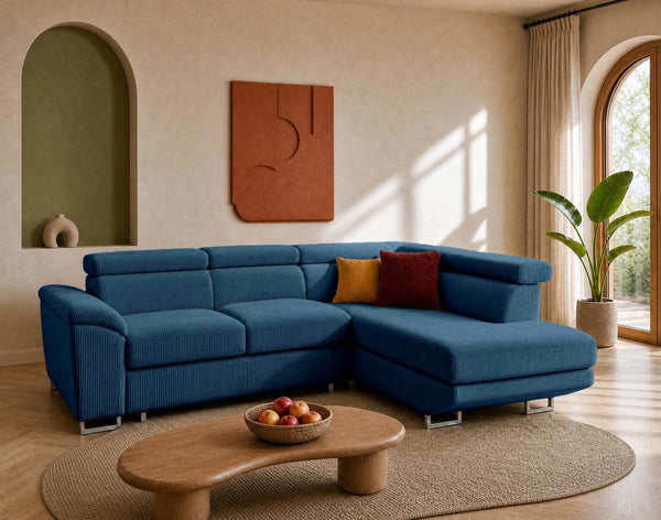 Baoji - 5-Seater Convertible Corner Sofa With Headrests And Storage - Corduroy - Blue